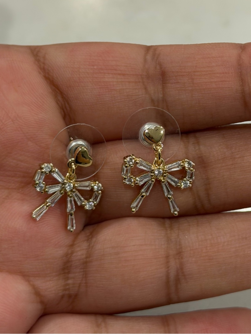 Dainty Gold Crystal Bow Earrings – Coquette Sparkly Ribbon Drop Earrings